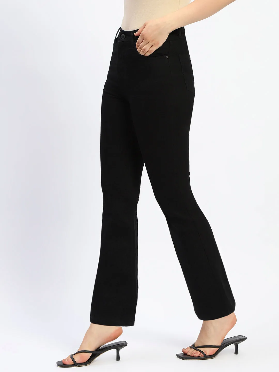 Madame Flared Solid Black Cotton Blend Denim