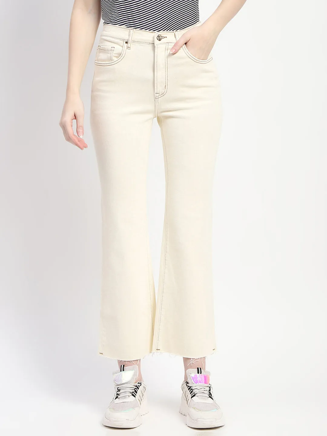 Madame Off-White Distressed Hem Flared Denim