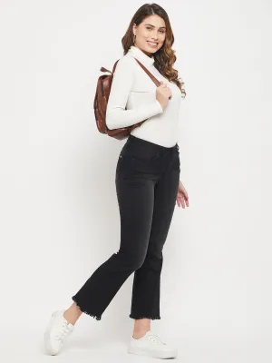Madame Rugged Hem Solid Black Flared Denim