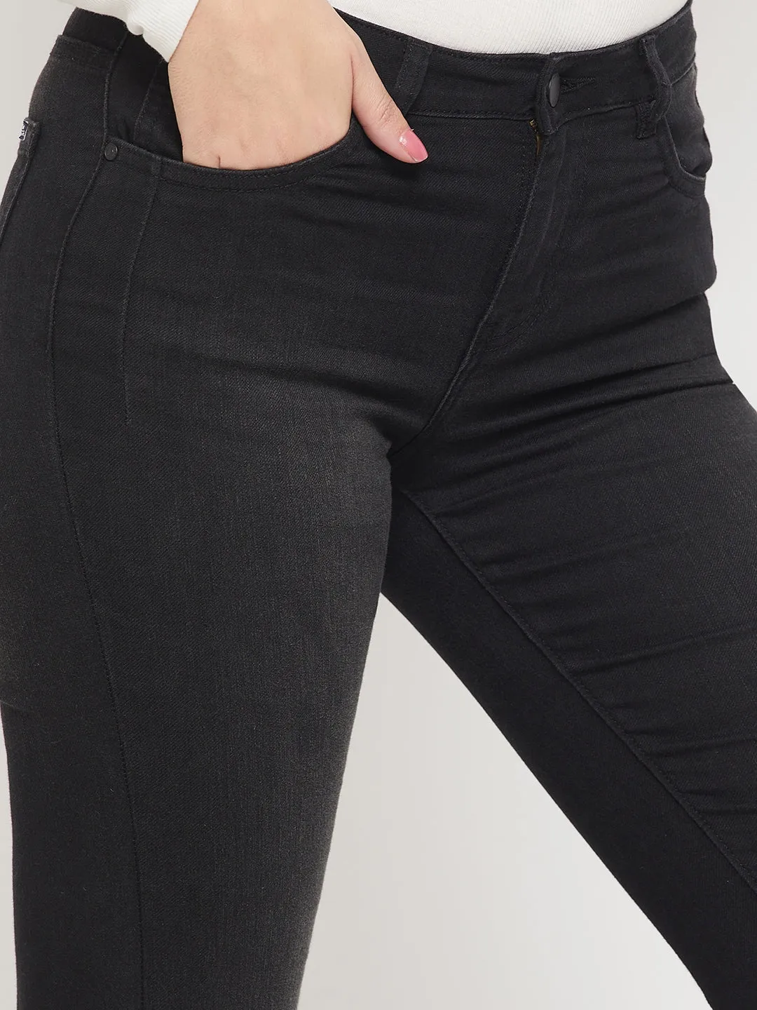 Madame Rugged Hem Solid Black Flared Denim