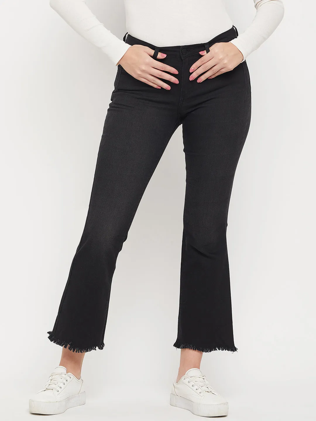 Madame Rugged Hem Solid Black Flared Denim