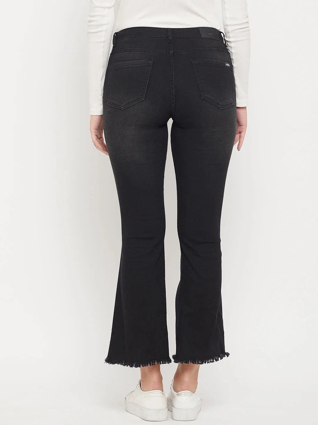 Madame Rugged Hem Solid Black Flared Denim