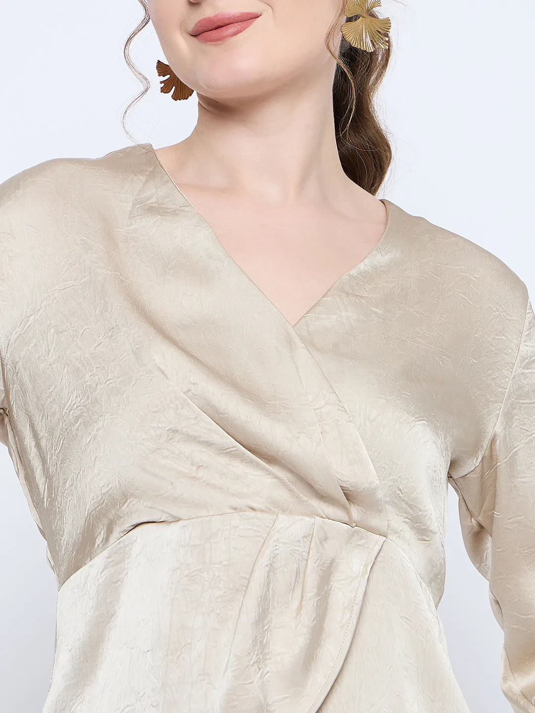 Madame Wrap Detailed V neck Full Sleeve Beige Peplum Top