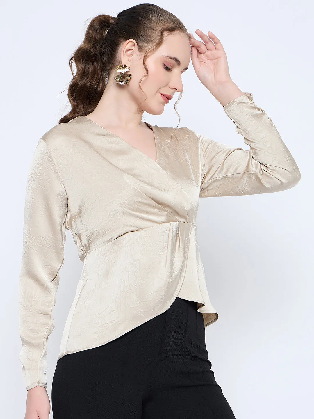 Madame Wrap Detailed V neck Full Sleeve Beige Peplum Top