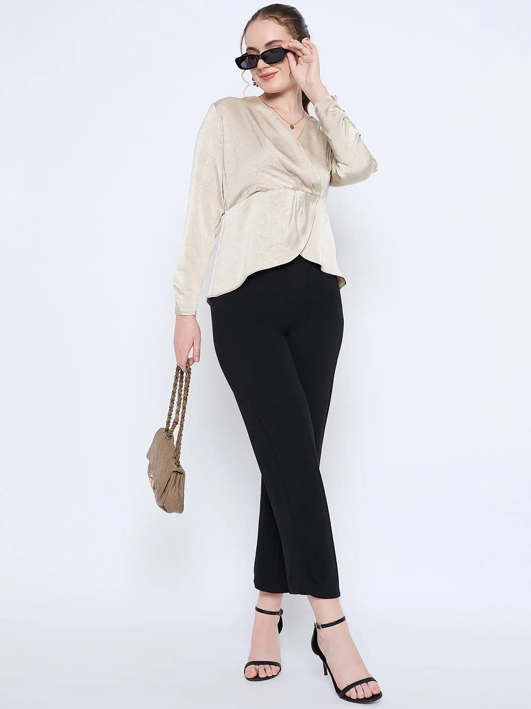 Madame Wrap Detailed V neck Full Sleeve Beige Peplum Top