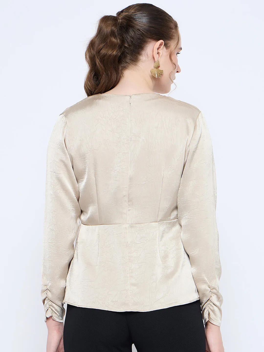 Madame Wrap Detailed V neck Full Sleeve Beige Peplum Top