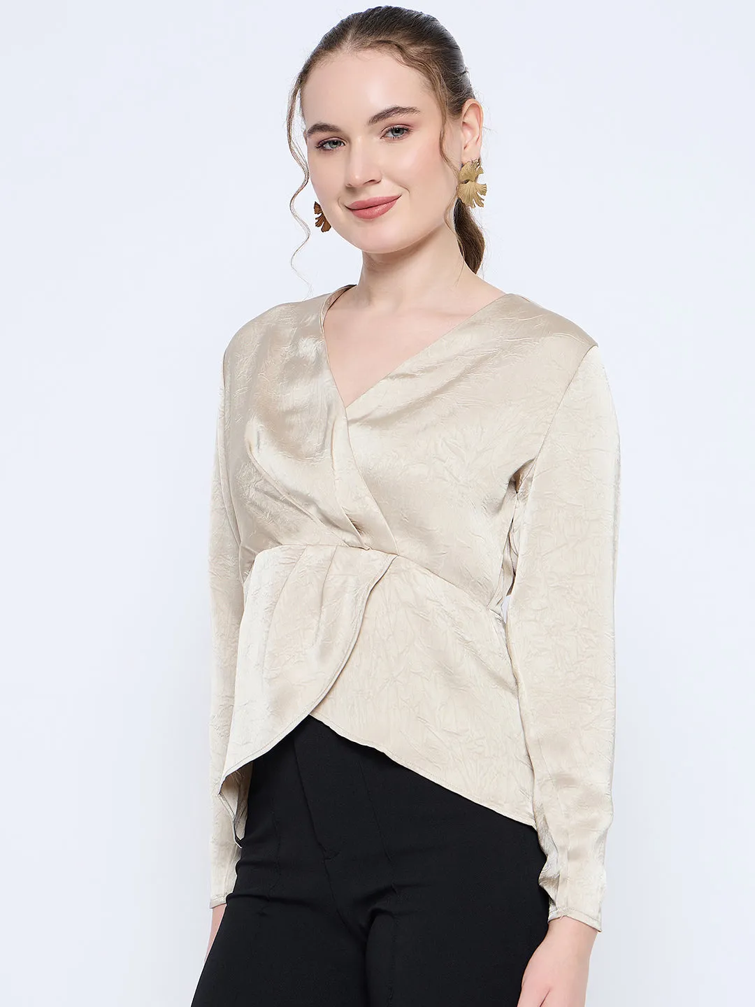 Madame Wrap Detailed V neck Full Sleeve Beige Peplum Top