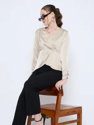 Madame Wrap Detailed V neck Full Sleeve Beige Peplum Top