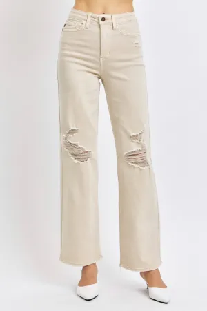 Malinda High Waist Wide Leg Jeans - Bone, Distressed, Stretch Denim by Judy Blue
