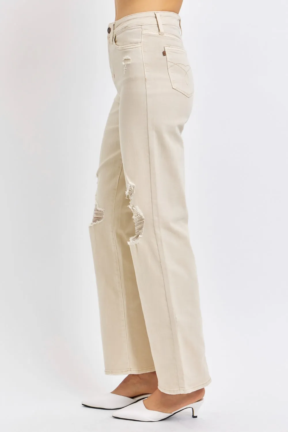 Malinda High Waist Wide Leg Jeans - Bone, Distressed, Stretch Denim by Judy Blue