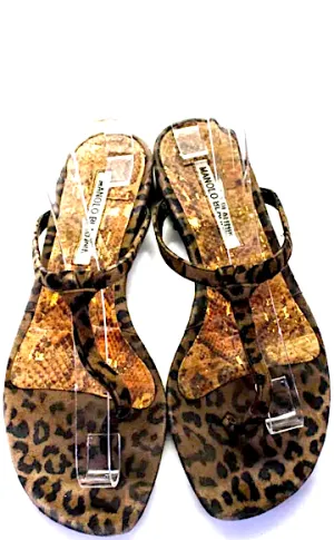 Manolo Blahnik  Brown Animal Print T-Strapped Slip-On Sandals Size EUR 38.5