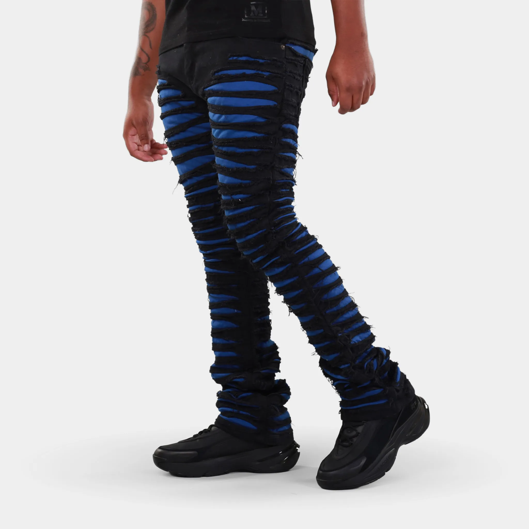 MDB Brand Men's Distressed Dual Color Stacked Jeans