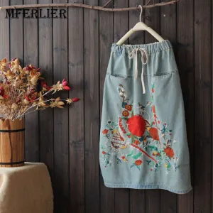 Mferlier Mori Girl Summer Embroidery Denim Skirts Bow Elastic Waist Pocket Artsy Vintage All Match Womens Skirts