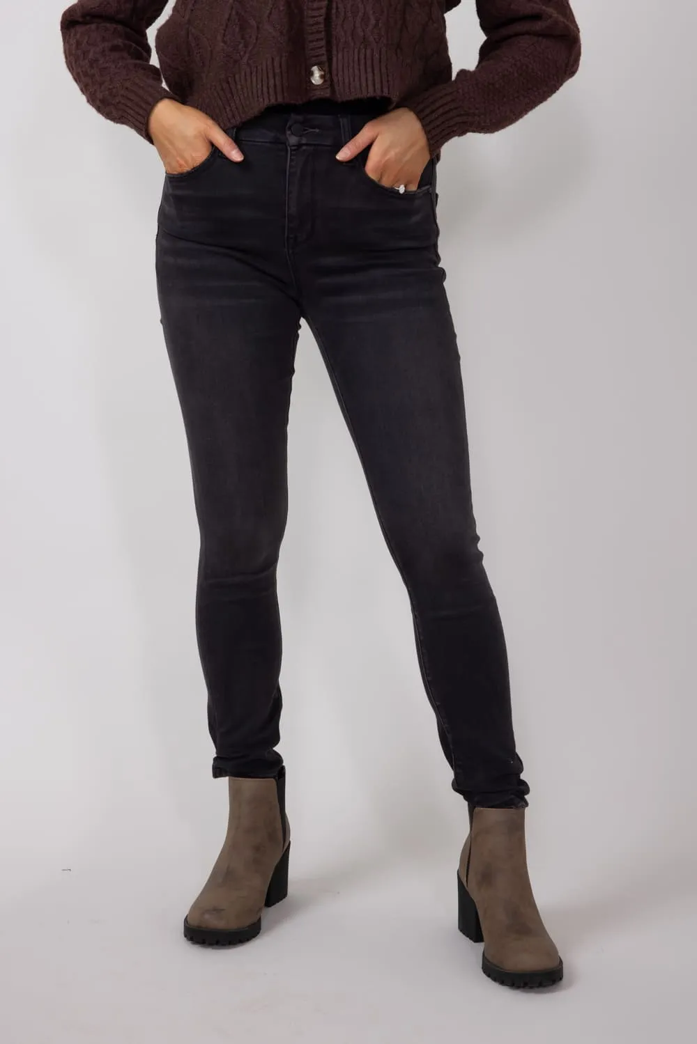 Mica High Rise Distressed Ankle Skinny Jeans for Women in Black | MDP-S1284