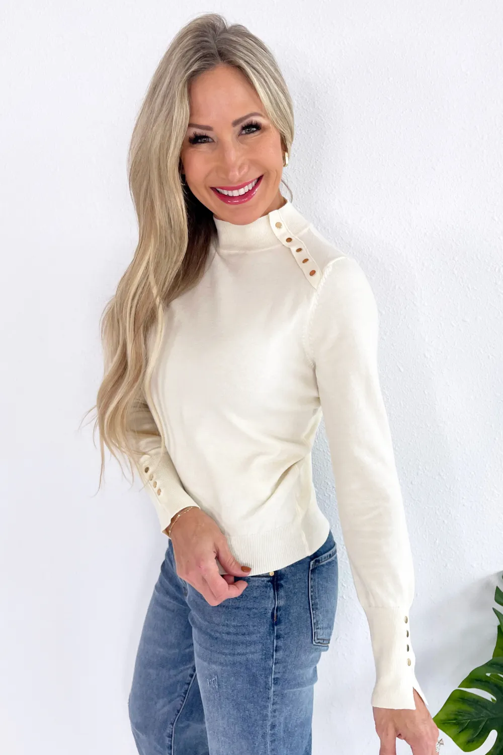 Mock Neck Sweater with Button Detail