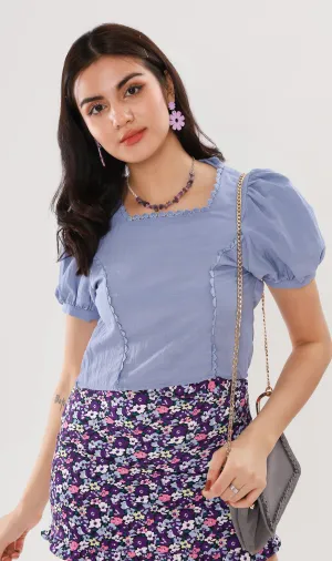 MOLLY Heart-Trimmed Puff-Sleeve Top (Dusty Blue)