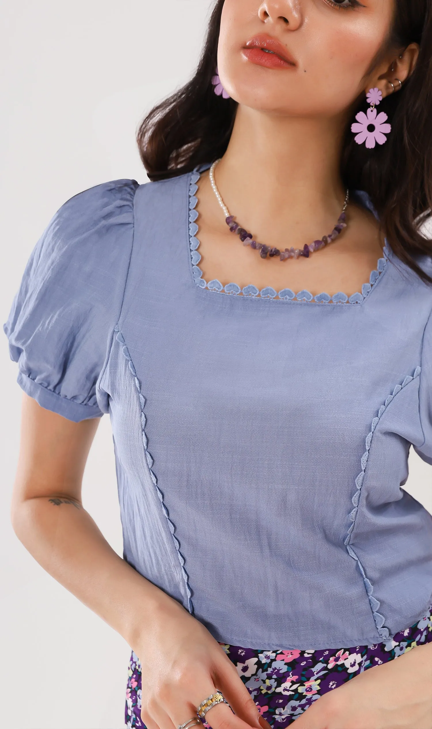 MOLLY Heart-Trimmed Puff-Sleeve Top (Dusty Blue)