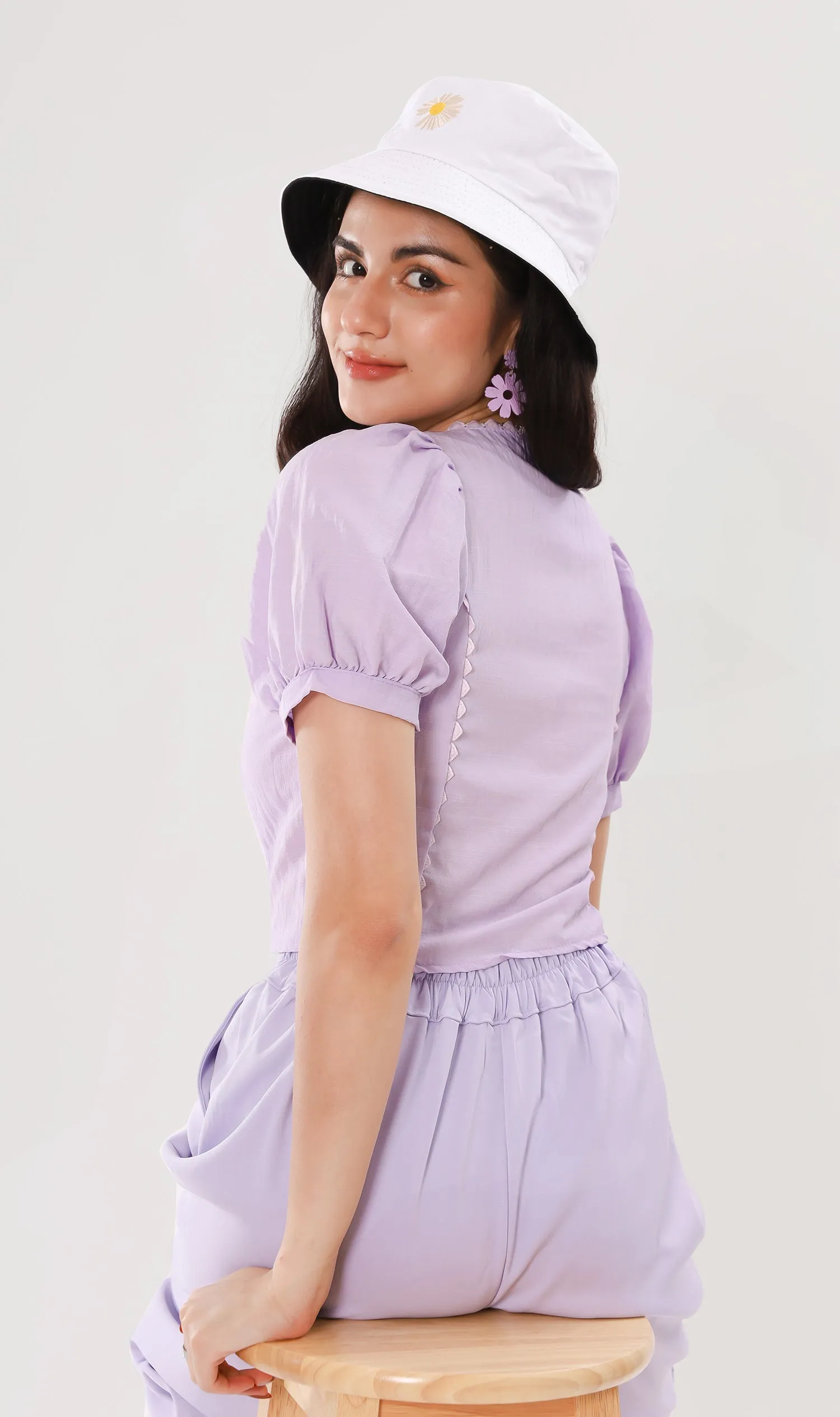 MOLLY Heart-Trimmed Puff-Sleeve Top (Lilac)