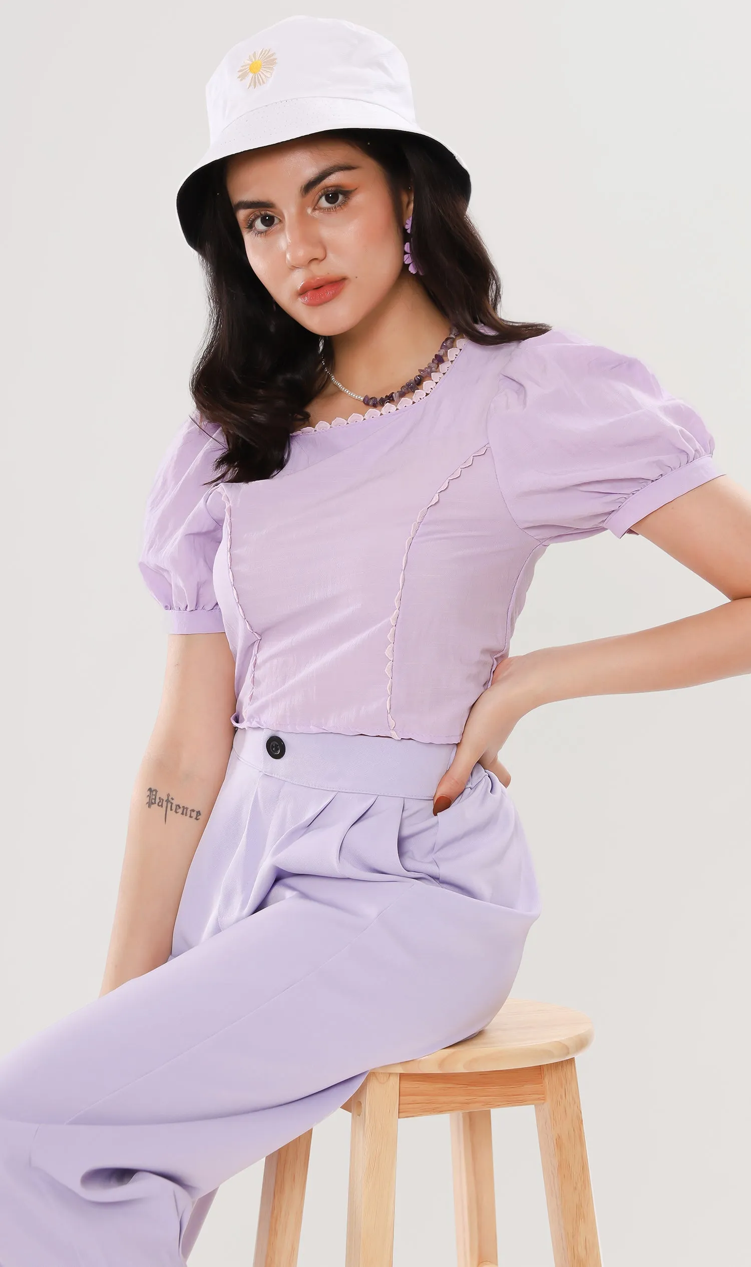 MOLLY Heart-Trimmed Puff-Sleeve Top (Lilac)