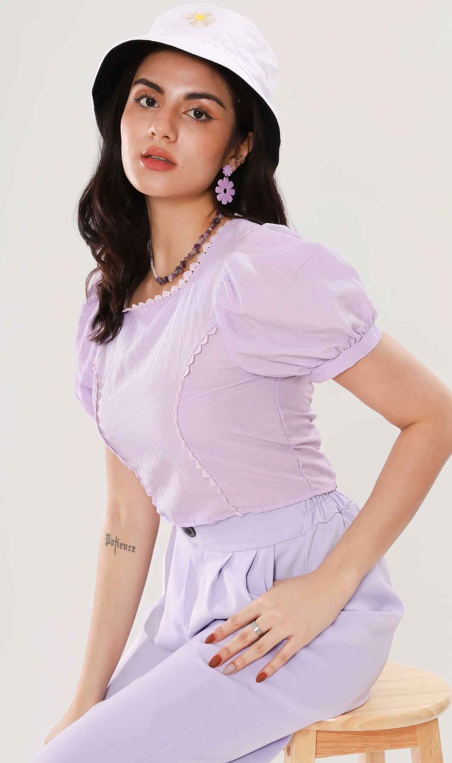 MOLLY Heart-Trimmed Puff-Sleeve Top (Lilac)