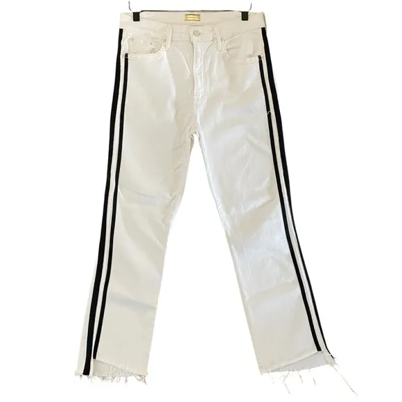MOTHER The Insider Track Stripe Cropped White Jeans in Whipping The Racer 31