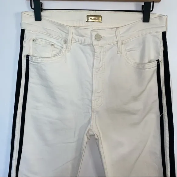 MOTHER The Insider Track Stripe Cropped White Jeans in Whipping The Racer 31
