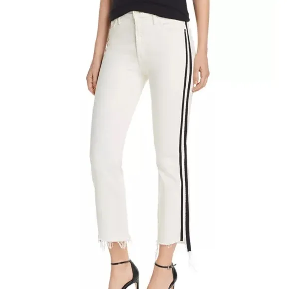 MOTHER The Insider Track Stripe Cropped White Jeans in Whipping The Racer 31