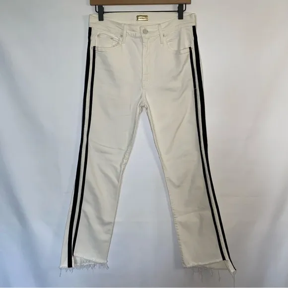MOTHER The Insider Track Stripe Cropped White Jeans in Whipping The Racer 31