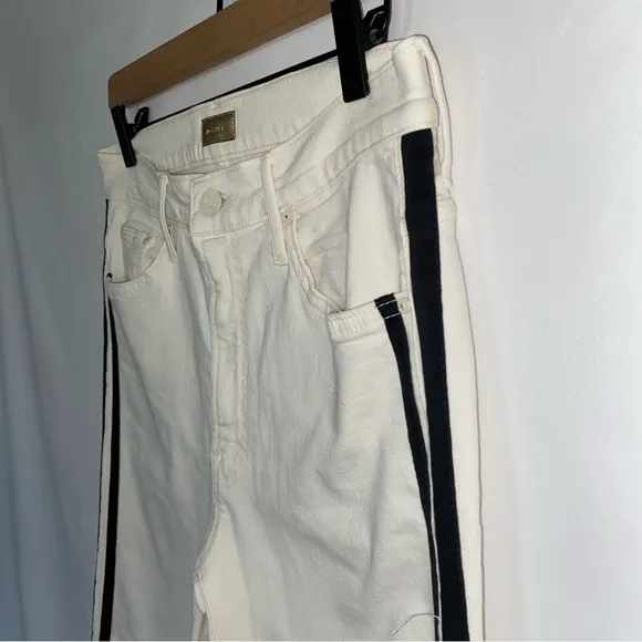 MOTHER The Insider Track Stripe Cropped White Jeans in Whipping The Racer 31