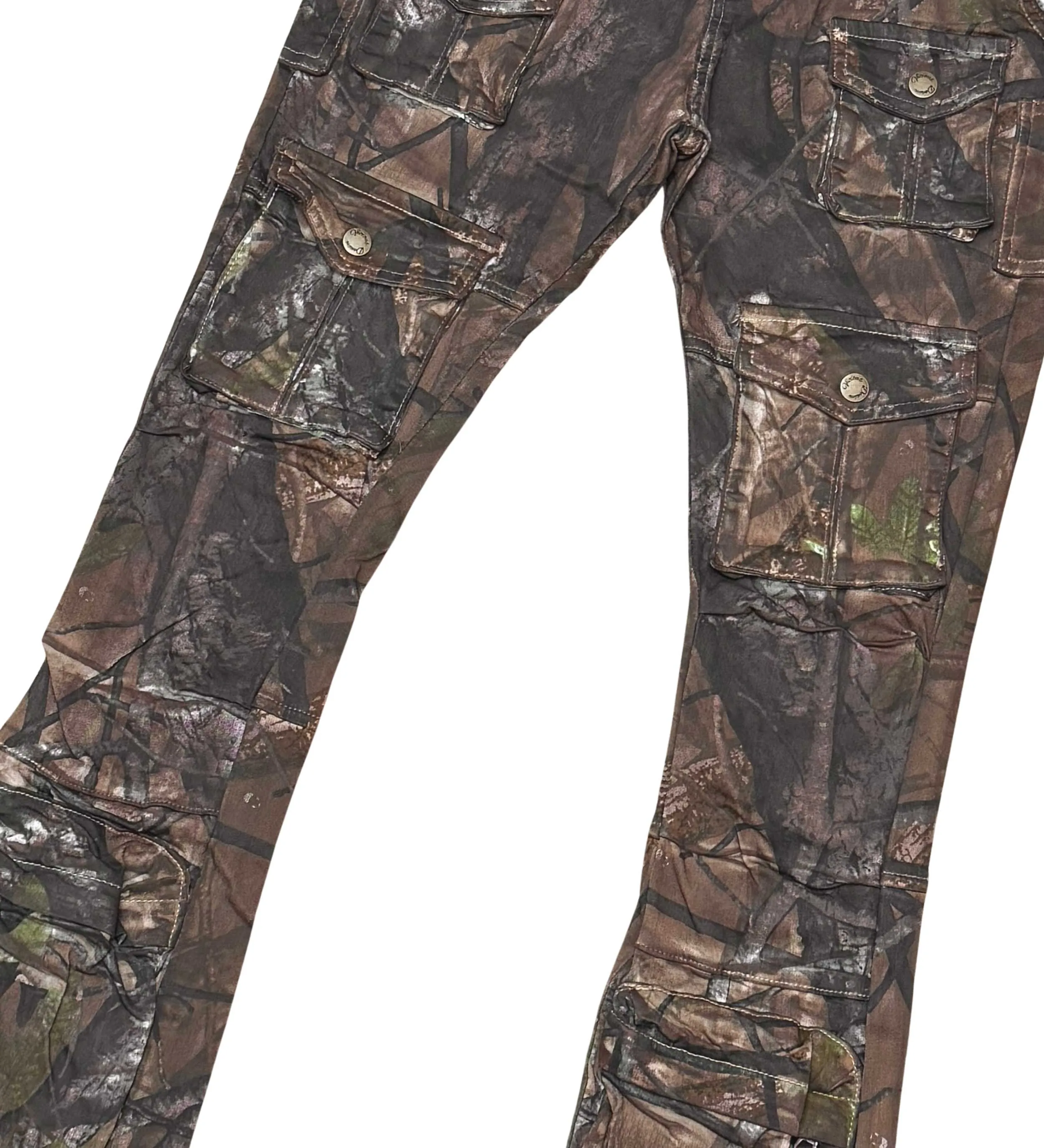 Multi cargo brush camo flared jeans