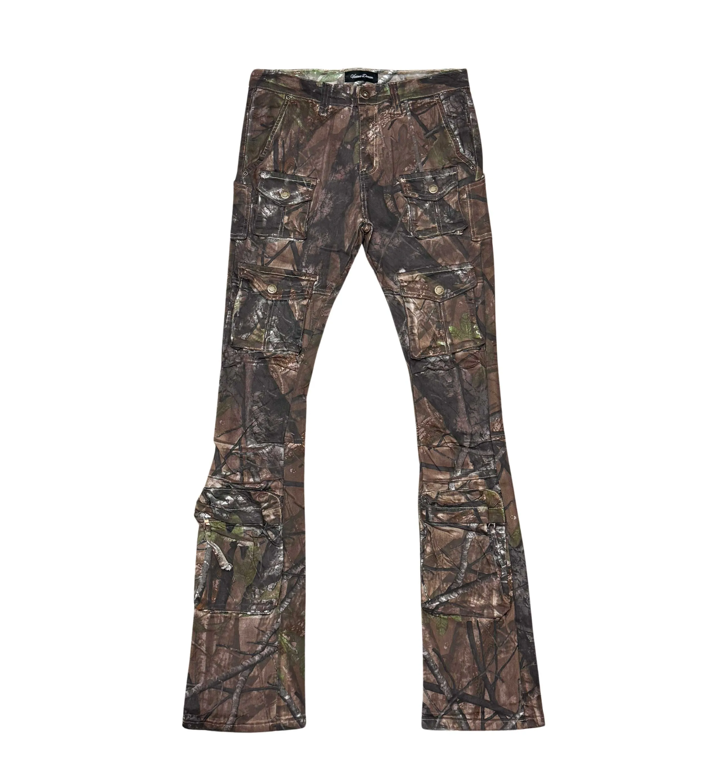 Multi cargo brush camo flared jeans