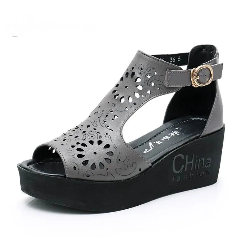 New Hollow Genuine Leather Sandals Women Shoes Sandals Platform Wedges Summer Shoes Woman Fashion Casual Sandals