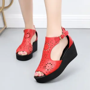 New Hollow Genuine Leather Sandals Women Shoes Sandals Platform Wedges Summer Shoes Woman Fashion Casual Sandals