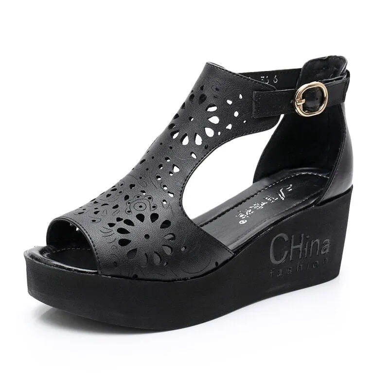 New Hollow Genuine Leather Sandals Women Shoes Sandals Platform Wedges Summer Shoes Woman Fashion Casual Sandals