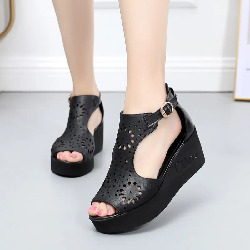 New Hollow Genuine Leather Sandals Women Shoes Sandals Platform Wedges Summer Shoes Woman Fashion Casual Sandals
