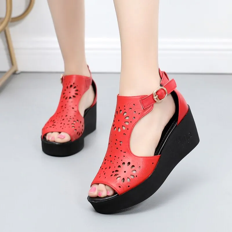 New Hollow Genuine Leather Sandals Women Shoes Sandals Platform Wedges Summer Shoes Woman Fashion Casual Sandals