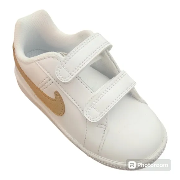 Nike Court Royale White Leather Kids Sneakers with Gold Swoosh Size 7c