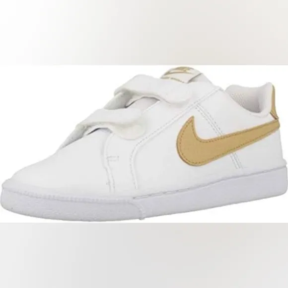 Nike Court Royale White Leather Kids Sneakers with Gold Swoosh Size 7c