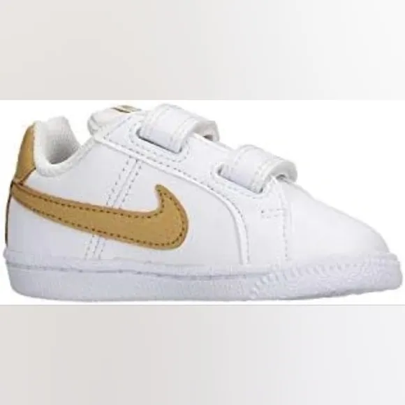 Nike Court Royale White Leather Kids Sneakers with Gold Swoosh Size 7c