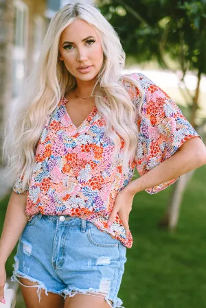 Notch V Neck Gorgeous Floral Blouse