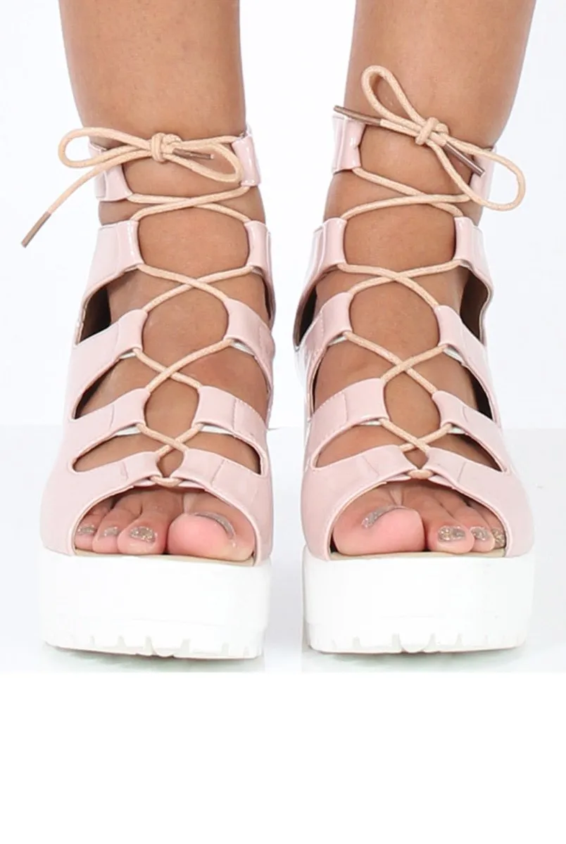Nude Patent Lace Up Platform Sandals - Veronica