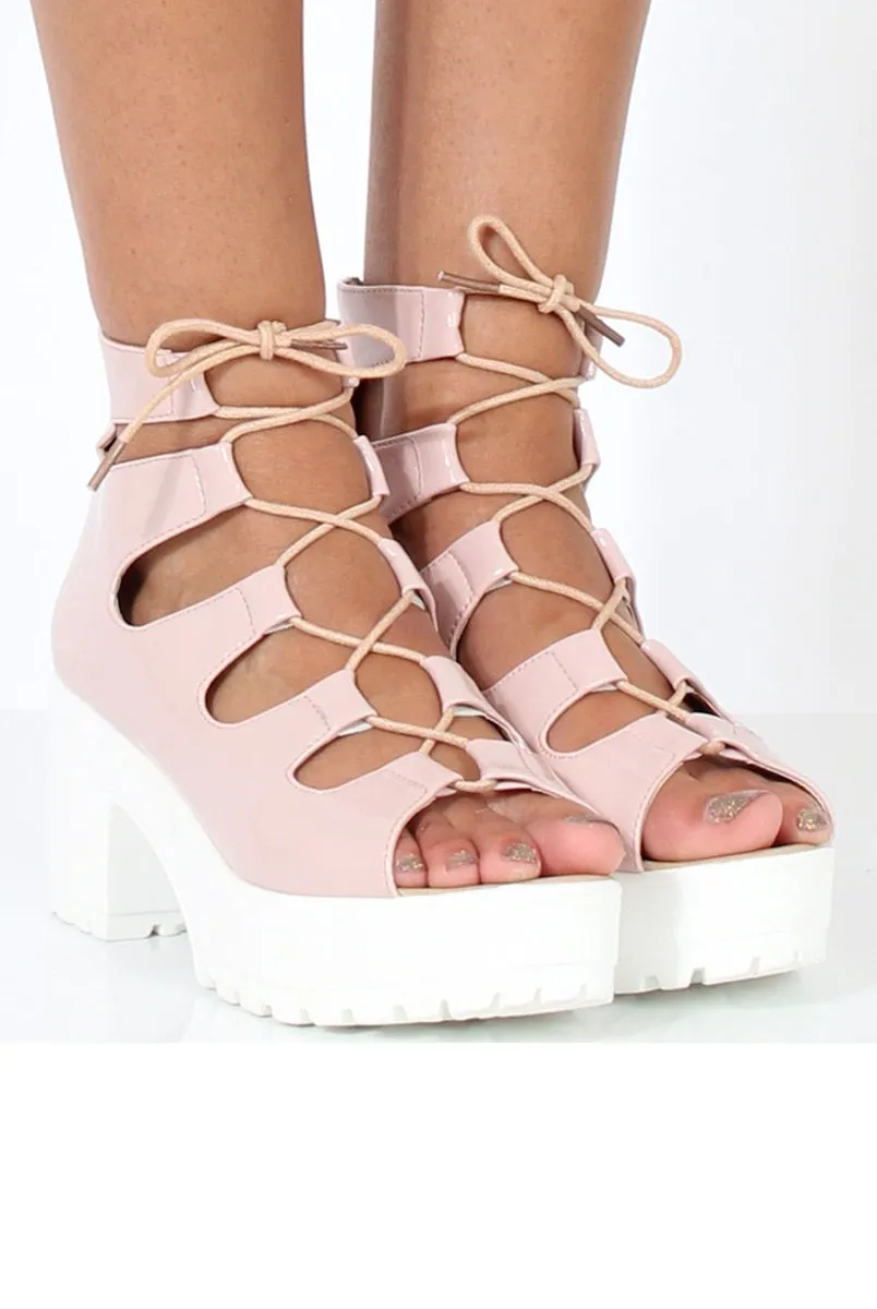 Nude Patent Lace Up Platform Sandals - Veronica
