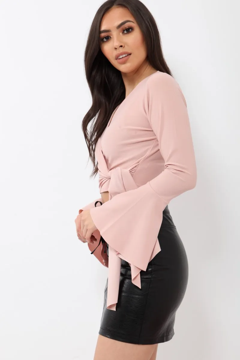 Nude Wrap Over Tie Front Crop Top - Ella