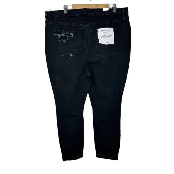 NWT Good American Womens Good Legs Crop Jeans 24 Distressed Skinny Raw Hem Black