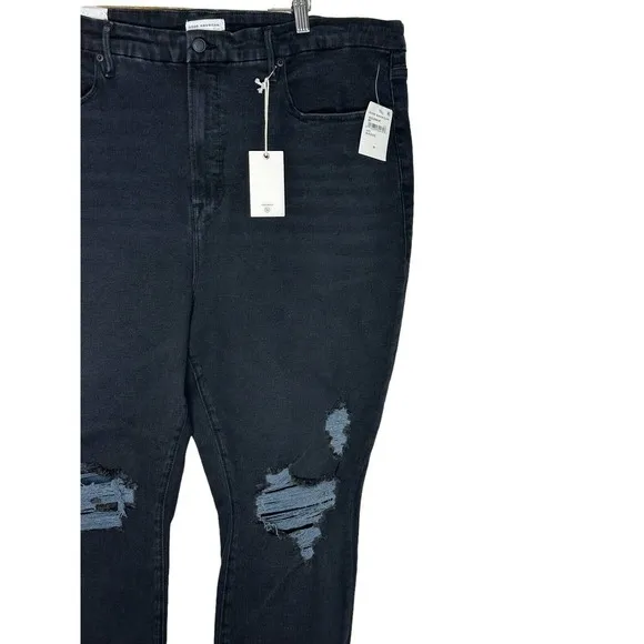 NWT Good American Womens Good Legs Crop Jeans 24 Distressed Skinny Raw Hem Black