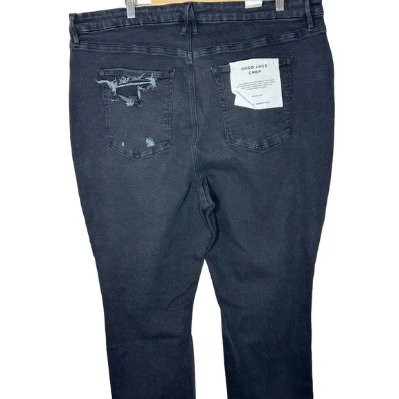 NWT Good American Womens Good Legs Crop Jeans 24 Distressed Skinny Raw Hem Black