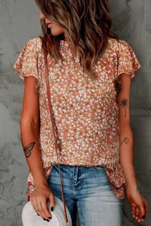 Octavia Floral Flutter Sleeve Frill Trim Blouse