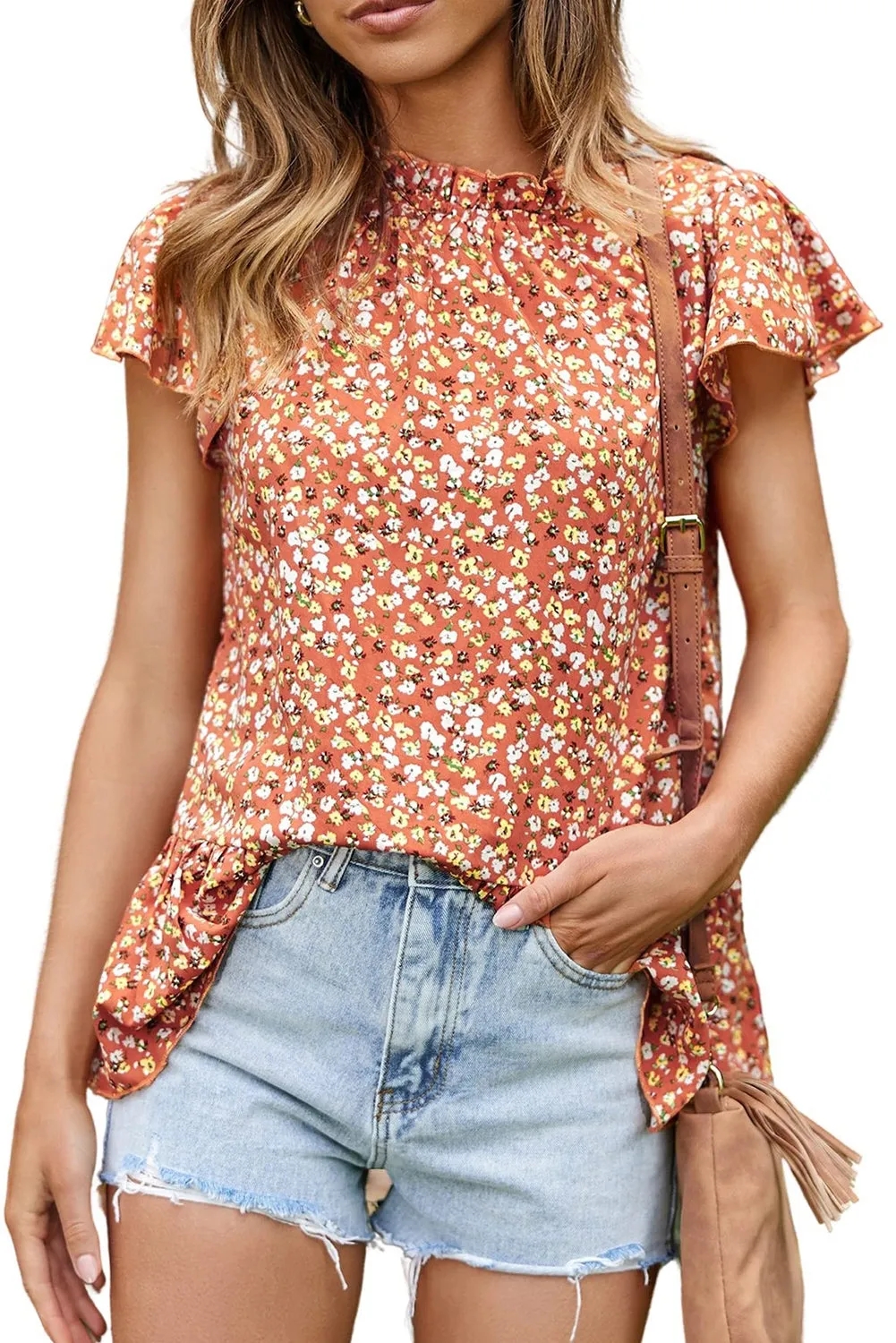 Octavia Floral Flutter Sleeve Frill Trim Blouse