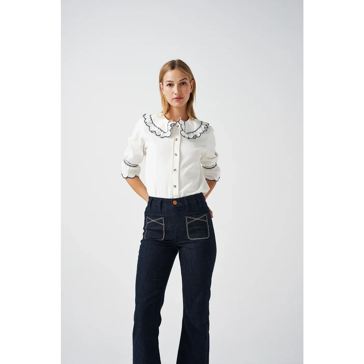 Off-White Daisy Blouse with Blue Detailing