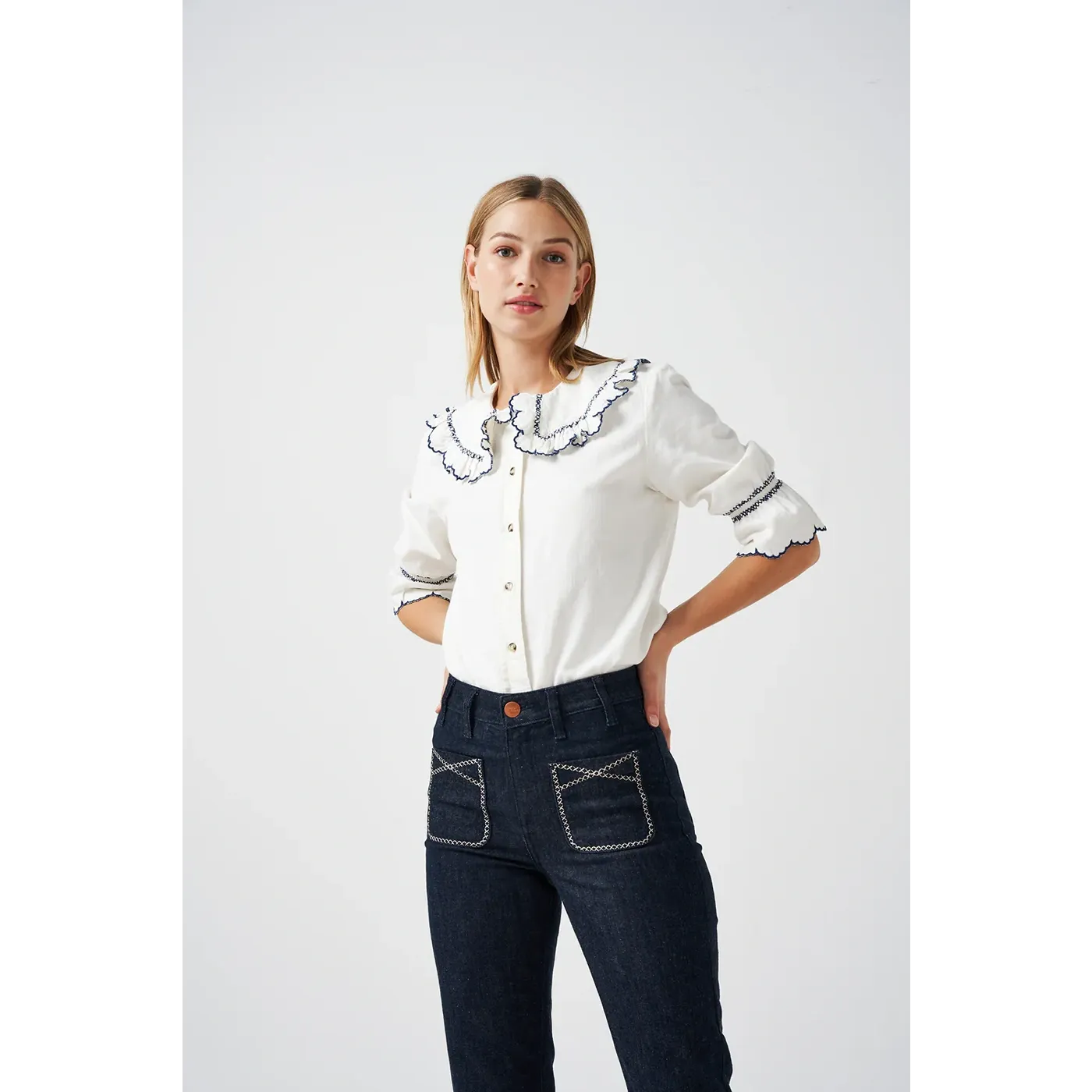 Off-White Daisy Blouse with Blue Detailing